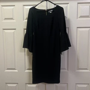Calvin Klein Black Dress w/Bell Sleeves (White on Inside), Gold Zip Womens Sz 4 - Picture 1 of 8