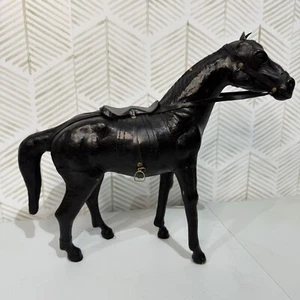 Vintage Leder umwickelt Pferd Reiter Statue mit Sattel & Zügel Glasaugen - Bild 1 von 10