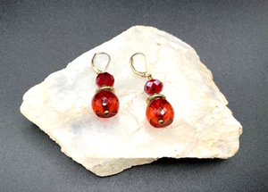 Red Acrylic Faceted Double Crystal Dangle Drop Leverback Gold tone Earrings - Picture 1 of 11