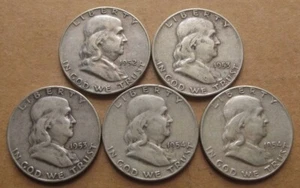 Lot of 5 Silver Coins - 1952, (2) 1953-D and 1954-PD VF Franklin Half Dollars - Picture 1 of 2