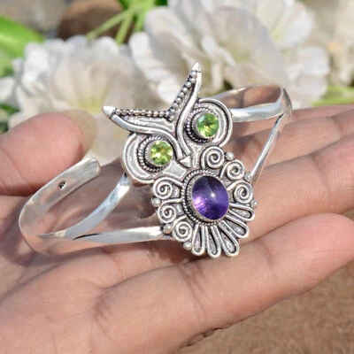 Amethyst & Peridot Cut Gemstone 925 Sterling Silver Bracelet For Friend's Gift - Image 1 of 4