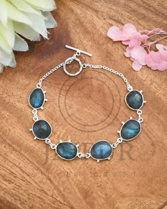 925 Solid Sterling Silver Natural Labradorite Gemstone 8" Inches Bracelet JSB33 - Picture 1 of 4