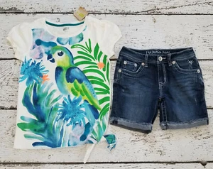JUSTICE 12 Girls Parrot Tropical Tee and Denim Bermuda Roll Cuff Shorts EUC DC02 - Picture 1 of 4