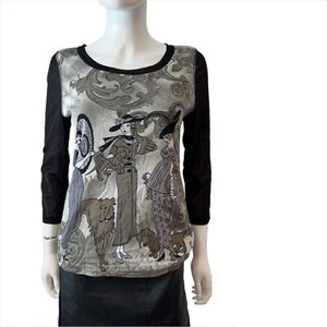 NYGARD Collection Black Grey Dames & Dogs Mesh 3/4 Sleeve Top Blouse Small - Picture 1 of 7