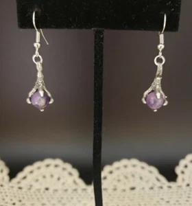 Amethyst Ball Eagle Claw Dangle Pierced Silver Tone Earrings - Picture 1 of 4