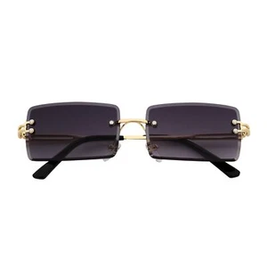 PREMIERE - Luxury 90s Small Metal Rimless Rectangle Sunglasses Gold Lavender - Picture 1 of 8