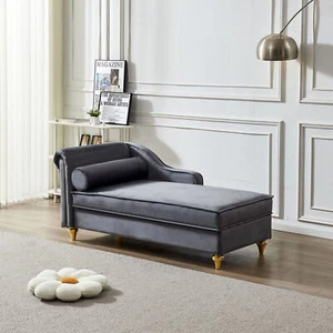 Modern Chaise Lounge Chair Velvet Tufted Storage Lounger Sleeper Sofa Metal Legs - Picture 1 of 16