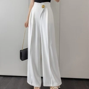 Office Lady Formal Wide Leg Suit Pants High Waist Zip Trousers Pocket Straight - Picture 1 of 12