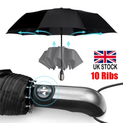 10 Ribs Strong Automatic Umbrella Auto Open Close Travel Compact Folding Black - Image 1 of 4
