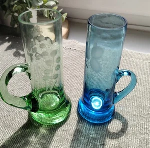 2x vintage etched glass shot glasses with handles green & blue/ Handblown Glass - Picture 1 of 7