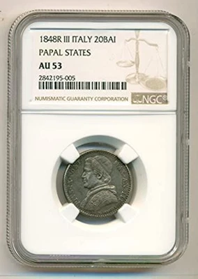 Italy Papal States Pius IX 1848 III Silver 20 Baiocchi AU53 NGC Scarce/Top Pop - Image 1 of 4