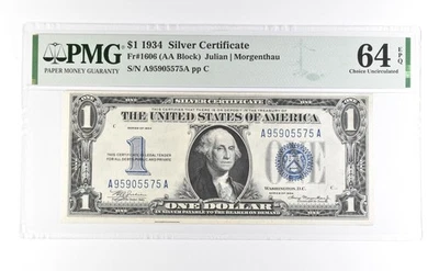 1934 $1 Silver Certificate Fr#1606 Choice Unc 64 EPQ PMG *7018 - Image 1 of 3