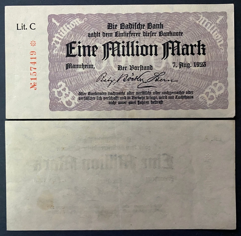 1923 Germany 1 Million Mark Hyperinflation Note – Badische Bank XF - Image 1 of 1