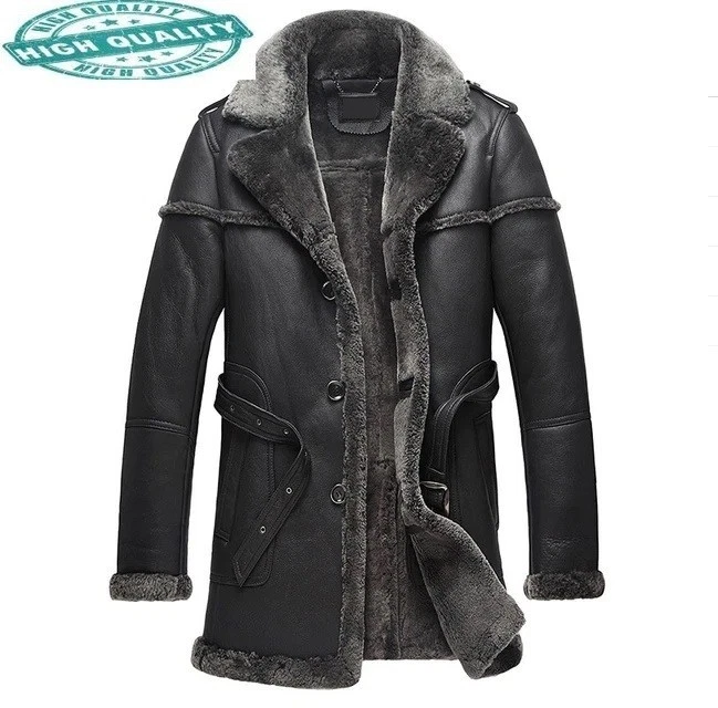 Men's Sheepskin Shearling Long Coat Retro Leisure Bomber Real Leather Overcoat - Image 1 of 4