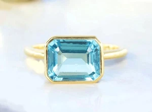 14k Gelbgold Solitaire Verlobungsring Smaragd Natürlich Blauer Topas 5.15 Karat - Bild 1 von 4