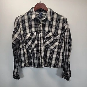 Forever 21 Girl's Flannel Shirt Medium Black Plaid Button Front Crop Y2K - Picture 1 of 6