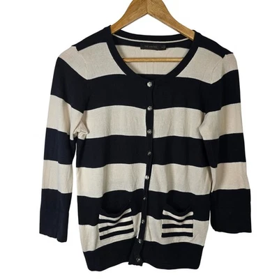 The Limited Cardigan Sweater Womens M Medium Striped Black Beige Button Up - Image 1 of 4