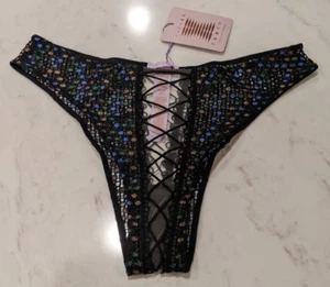 NWT~Savage X Fenty Disco Lace-Up Brazilian Mid-Rise Iridescent Lace Panty SM - Picture 1 of 7