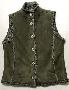 LL Bean Vest Women Small Faux Suede Sherpa Lined Button Up Pockets Outdoor Green - Picture 1 of 13