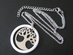 Lebensbaum mit Kette Edelstahl Silber Keramikring weiss Ygdrasil / x836 - Picture 1 of 8