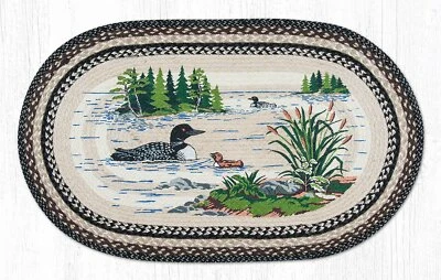 Braided Jute Painted Stenciled Oval Area Rug. LOONS/BIRDS. Earth Rugs.4 Sizes - Image 1 of 4