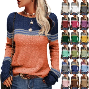 19Colors Ladies Crochet Knitted Jumper Pullover Sweater Striped Tops PLUS SIZE - Picture 1 of 83