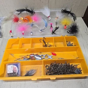 Yellow Tackle Box with Vintage Fishing Lures, Hooks, Leaders & Accessories - Picture 1 of 16