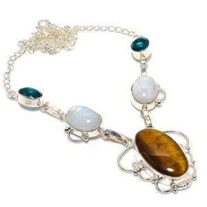 Natural Tiger Eye Gemstone 925 Sterling silver Jewelry Necklace Size 18" - Picture 1 of 1