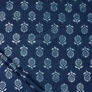 By The Yard Indigo Blue Block Print Fabric Indian 100% Cotton Light Summer Dress - Picture 1 of 5