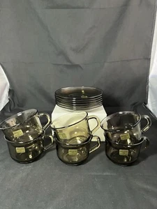 Arcoroc Smoked Brown Glass Cups and Saucers Vintage Made in France Set of 6 - Picture 1 of 12