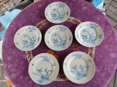6 Assiettes Plates Terre de fer A la paix Paris Floral Oiseau Papillon bleu 23cm - Photo 1/4