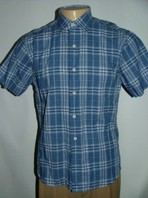 NEW WOT DAVID DONAHUE CASUAL SHIRT SIZE S LINEN COTTON BLUE WHITE PLAIDS #535 - Image 1 of 4