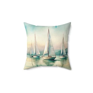 Nautical Throw Pillow, Sailboat Print, Coastal Home Decor, Beach House Accent, - Picture 1 of 6
