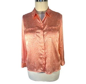 INC - Button Up Blouse Women's L Orange White Mini Paisley Long Sleeve Silky - Picture 1 of 11
