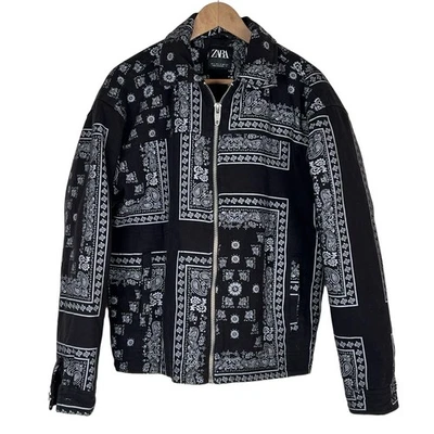 Chaqueta Zara Para Hombres Cremallera Completa Grande Negra Blanca Bandana Denim Patchwork Boho Western Foto 1 de 4