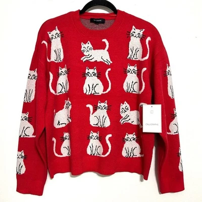 Suéter Rojo Anthropologie Estampado Gato Gatito Novedad Acogedor Navidad NUEVO M Foto 1 de 4