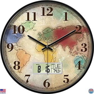 14-Inch Retro Digital & Analog Wall Clock - Silent, Colorful Map, Date, Temp - Picture 1 of 6