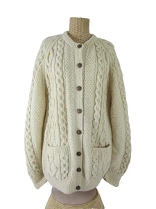 Vtg Blarney Woollen Mills Womens XL Ivory Hand Knit Irish Aran Cable Cardigan LS - Picture 1 of 12