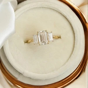 Wedding Diamond Emerald Cut Ring 14k Yellow Gold Lab Grown 1.5 Ct IGI Certified - Picture 1 of 12