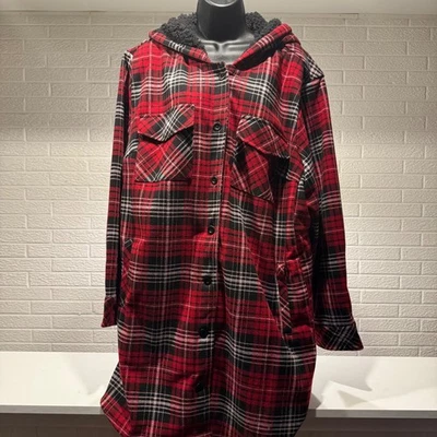 Torrid Plus Size 3 Red Black Plaid Sherpa Lined Hooded Long Shacket Jacket - Image 1 of 3