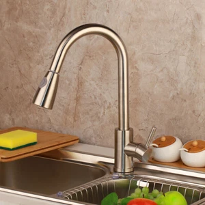 Kitchen Brushed Nickel Faucet Brass Pull Out&Swivel Spout Mixer Tap Deck Mounted - Bild 1 von 8
