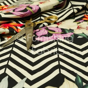 Black White Chevron Colour Floral Print Velour Velvet Upholstery Curtain Fabrics - Picture 1 of 5