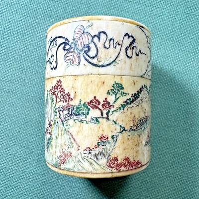 小型古董中国骨鸦片或鼻烟盒或罐子带刻字剪 — 第 1/4 张图片