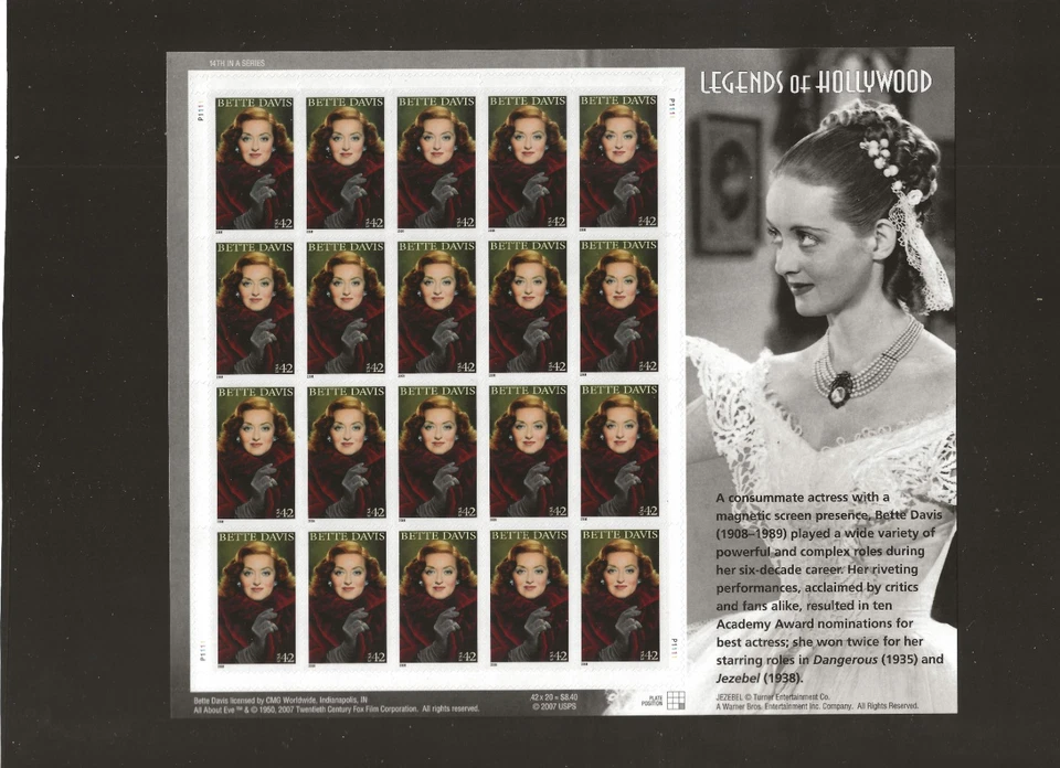 2008 Sc4350 Legends of Hollywood Bette Davis Pane of 20 MNH Cv20.00 - Image 1 of 1