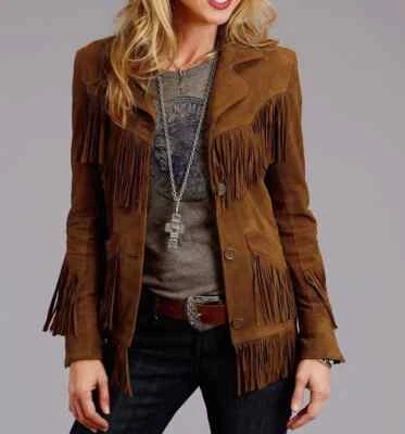Women Western Style Suede Leather Jacket With Fringes  - Cone Brown  - Image 1 of 4