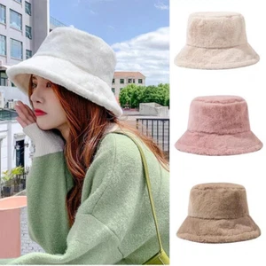 Plush Fluffy Bucket Hat Women Warm Lining Winter Faux Fur Cozy Wide Brim Winter - Picture 1 of 21