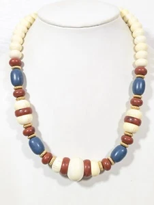 VTG Avon Indian Summer Necklace Blue Cream Bead Chunky Retro Boho 22" Lucite - Picture 1 of 10