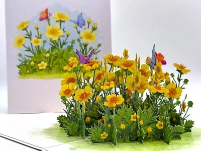 ORIGAMI POP CARDS Wild Celery Creeping Buttercup Flower Garden Happy Birthday - Image 1 of 4
