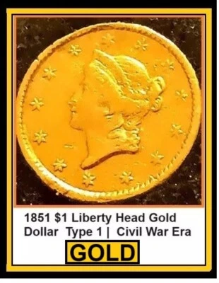 🪙1851 $1 CABEZA DE LIBERTAD DÓLAR DE ORO TIPO 1 | ORO DE LA ERA DE LA GUERRA CIVIL 1,672 GRAMOS Foto 1 de 4