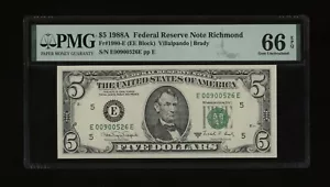 DBR 1988-A $5 Richmond Gem Fr. 1980-E PMG 66 EPQ Serial E00900526E - Picture 1 of 2